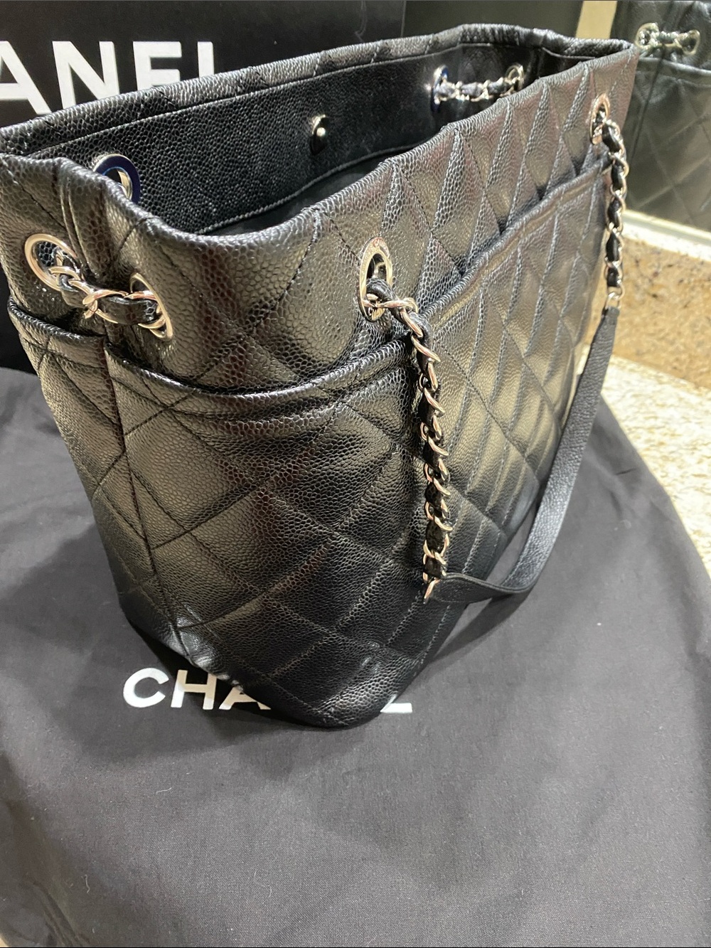 CHANEL Black Quilted Caviar Leather Tote with Chain-Strap Handles - Picture 4 of 8
